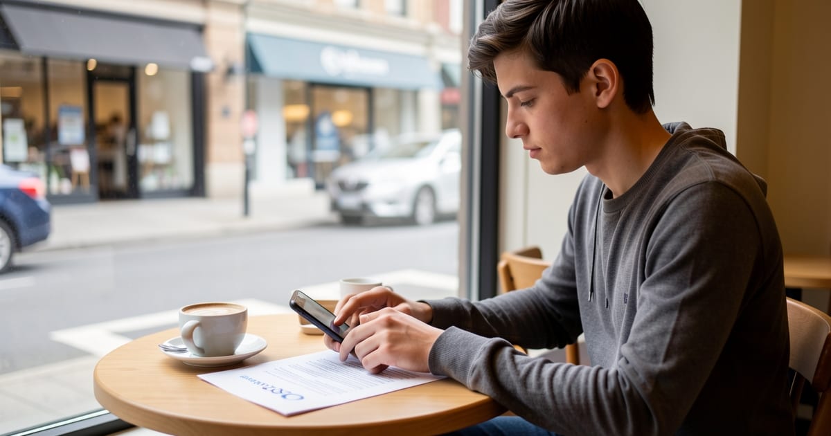 Job seeker at a café table drafting a cover letter on a phone next to a printed resume