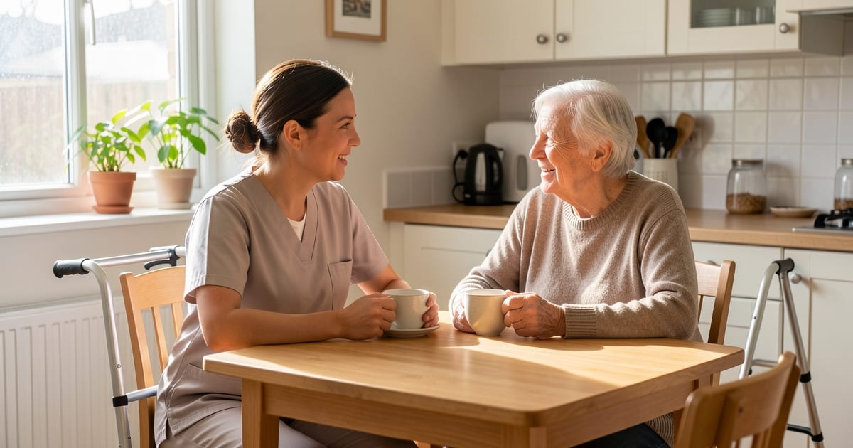 A care worker chatting with an older person over tea at a sunlit kitchen table