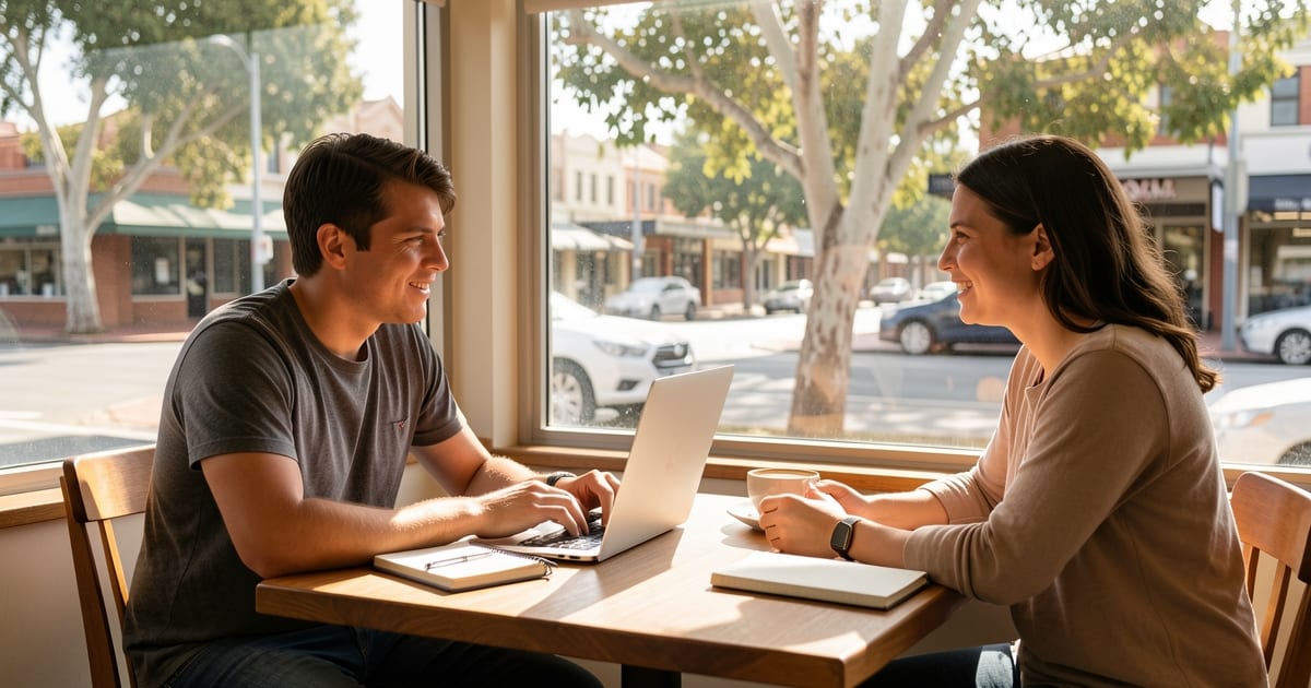 Two people having a relaxed career chat over coffee at a sunlit cafe table with a laptop and notebook